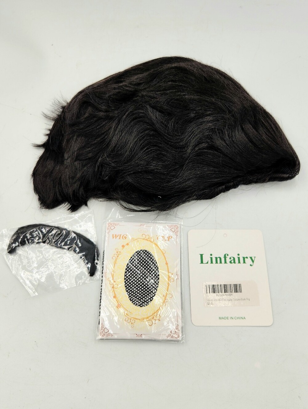 Linfairy Short 80s Style Black Wig And Mustache Cosplay Costume Wig Cap